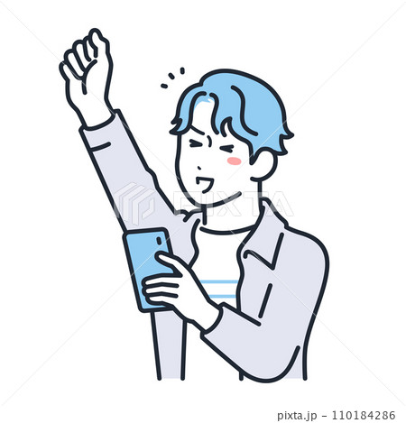 スマートフォンを持って喜ぶカジュアルな服装の若い男性のシンプルなベクターイラスト素材 110184286