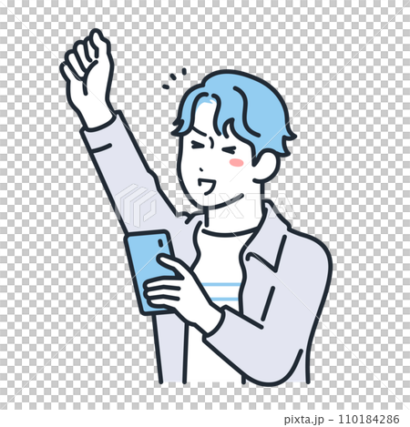スマートフォンを持って喜ぶカジュアルな服装の若い男性のシンプルなベクターイラスト素材 110184286