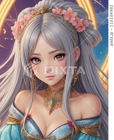 美しい銀髪のオフショルの女神風美女 110184992