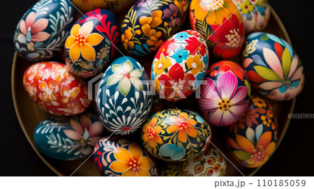 Hand painted Easter eggs flat lay, with detailed floral patterns in variety of vibrant colors on dark background, traditional egg painting, Easter customs worldwide 110185059