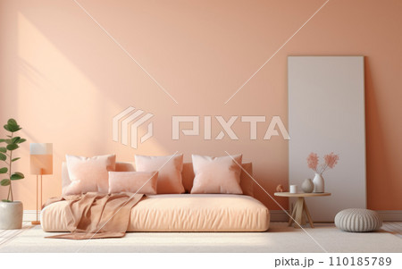 AI-generated content. Living room with sofa in the Peach Fuzz color, the trendy color of the 2024 AI-generated content. Living room with sofa in the Peach Fuzz color, the trendy color of the 2024 110185789