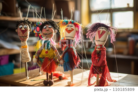 AI-generated content. Close up view of a group of dolls in a childrens room 110185809