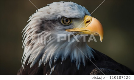 Close up portrait shot of Bald Eagle Haliaeetus Leucocephalus white head with sharp gaze. Close up portrait shot of Bald Eagle Haliaeetus Leucocephalus white head with sharp gaze. 110187526