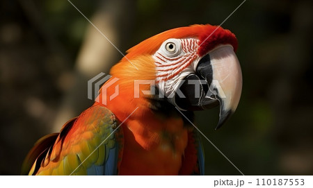 Close up portrait shot Red Scarlet Macaw parrot bird nature blur bokeh background. 110187553
