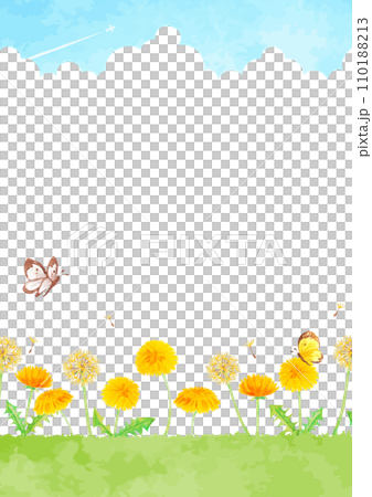 Landscape illustration with blooming dandelions painted in watercolor 110188213