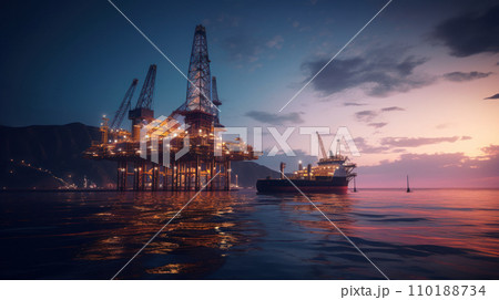 Oil drilling rig in the middle of the sea sunset time 110188734