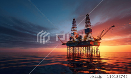 Oil drilling rig in the middle of the sea during sunrise Oil drilling rig in the middle of the sea during sunrise 110188742