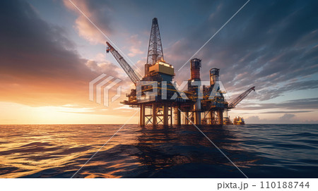 Oil drilling rig in the middle of the sea during sunrise Oil drilling rig in the middle of the sea during sunrise 110188744