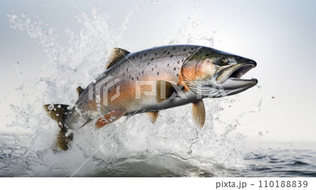 salmon fish jump on the white background 110188839