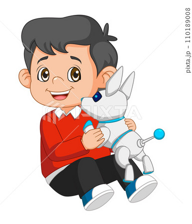 Happy young boy lovingly hugging his cyber dog of illustration 110189008