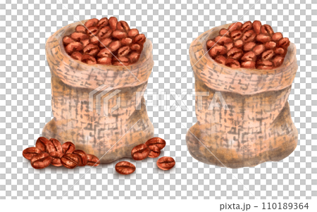 Composition of coffee beans in a woven canvas bag for harvesting. Front view. Coffee day. Aromatic caffeine drink. Cappuccino, mocha, espresso, latte. Watercolor illustration. Isolated hand art. Composition of coffee beans in a woven canvas bag for harvesting. Front view. Coffee day. Aromatic caffeine drink. Cappuccino, mocha, espresso, latte. Watercolor illustration. Isolated hand art. 110189364