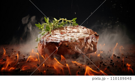 Grilling beef steak on the stove 110189848