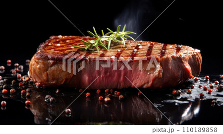 Beef steak placed on a reflective black surface 110189858