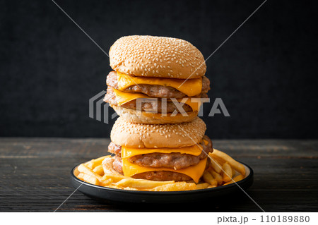 pork burger with cheese and french fries pork burger with cheese and french fries 110189880