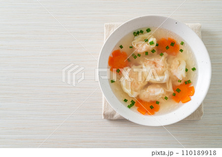 shrimp dumpling soup in white bowl shrimp dumpling soup in white bowl 110189918
