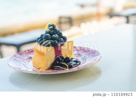 blueberry cheese cake on plate blueberry cheese cake on plate 110189923
