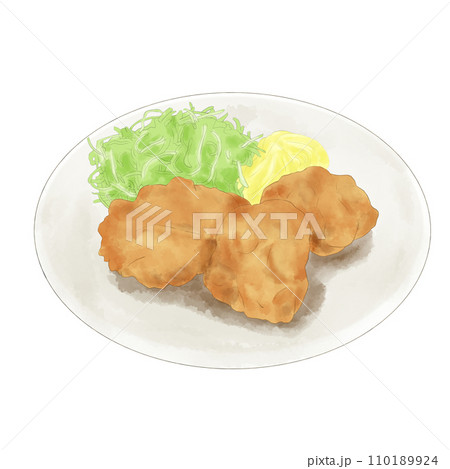 皿に盛りつけられた鶏の唐揚げ（手描き） 110189924