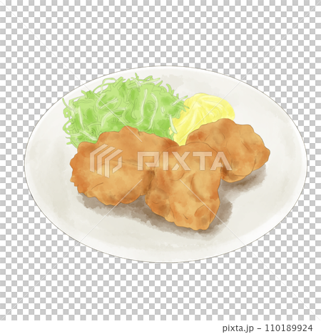 皿に盛りつけられた鶏の唐揚げ（手描き） 110189924