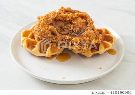 fried chicken waffle with honey or maple syrup 110190006