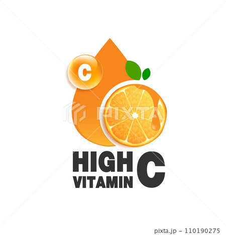 Vitamin C, orange fruit and letter C with two green leaves. design for packaging presentation, advertising, company logo or symbol, cosmetic product display background. vitamin C nature. design. 110190275