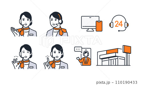 インカムを付けた女性販売員のシンプルなベクターアイコンイラストセット素材 インカムを付けた女性販売員のシンプルなベクターアイコンイラストセット素材 110190433