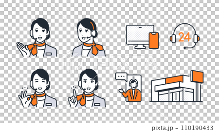 インカムを付けた女性販売員のシンプルなベクターアイコンイラストセット素材 インカムを付けた女性販売員のシンプルなベクターアイコンイラストセット素材 110190433