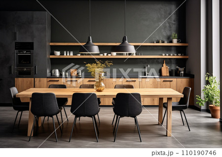 modern kitchen with wood table and wood floor 110190746