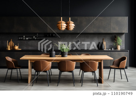 modern kitchen with wood table and counter 110190749