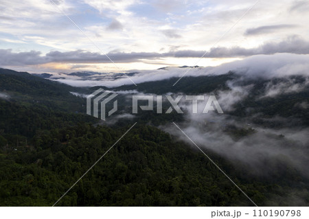 Top view Landscape of Morning Mist with Mountain Layer at north of Thailand. mountain ridge and clouds in rural jungle bush forest Top view Landscape of Morning Mist with Mountain Layer at north of Thailand. mountain ridge and clouds in rural jungle bush forest 110190798