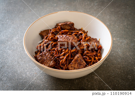 Jjapaguri or Chapaguri, Korean Black Beans Spicy Noodles with Beef 110190914