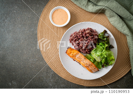 grilled salmon fillet steak with rice berry and vegetable grilled salmon fillet steak with rice berry and vegetable 110190953