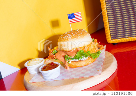 fried shrimps burger on wood tray fried shrimps burger on wood tray 110191306