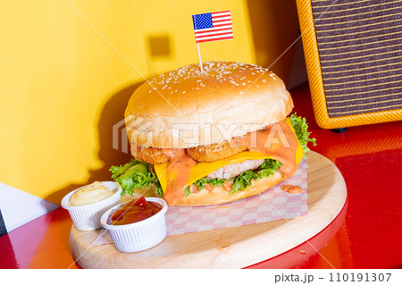 jumbo or giant burger - pork with cheese and fried nugget burger 110191307