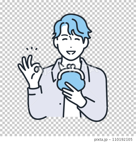 Simple vector illustration of a young man in casual clothes smiling and holding a wallet 110192105