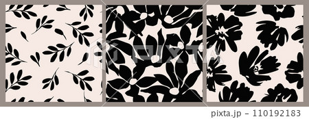 Set of flower seamless background. Minimalistic abstract floral pattern. Modern print in black and white background. Ideal for textile design, wallpaper, covers, cards, invitations and posters. 110192183