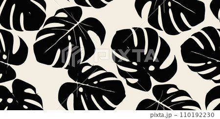 Monstera leaf seamless pattern. Hand drawn tropical leaves. Modern print in black and white color. natural ornaments for textile, fabric, wallpaper, home decor, background. 110192230