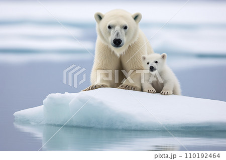 Polar bears mother and cub standing on melting ice floe, endangered species and global warming concept. Generative AI 110192464