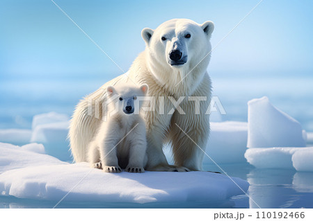 Polar bears mother and cub standing on melting ice floe, endangered species and global warming concept. Generative AI 110192466