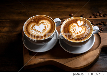 Two cups of hot coffee cafe latte with beautiful heart shaped latte art, served on rustic wooden tray, coffee lover and beverage concept. Generative AI 110192467