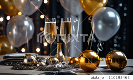 Two glasses of champagne on the table with party ornament and balloons in white and gold colors, with beautiful light bokeh, Christmas and new year background. Generative AI 110192468