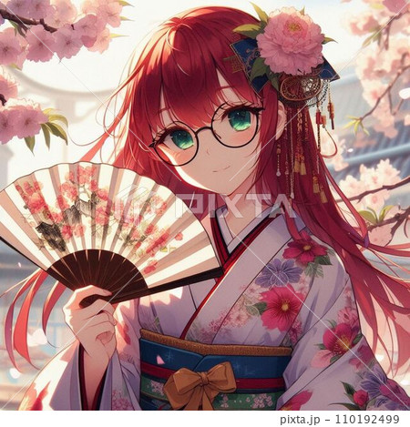 桜の木の下にある着物の女性 110192499