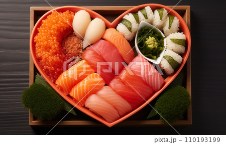 AI-generated content. Heart shaped sushi plate of many types of sushi with copy space 110193199