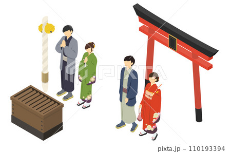 アイソメトリックイラスト:初詣するカップル 110193394
