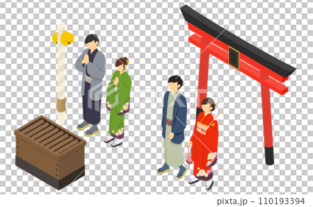 アイソメトリックイラスト:初詣するカップル 110193394
