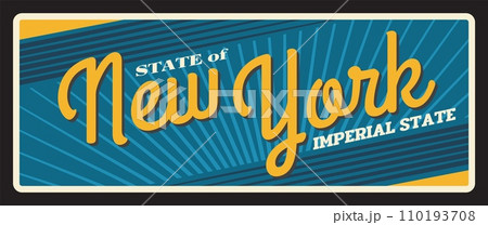 New York USA imperial state old metal travel plate. Albany capital, New York City vintage plaque inscription typography vector. American travel souvenir sing, retro billboard 110193708