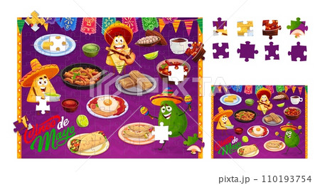 Mexican cuisine jigsaw puzzle game pieces. Form find puzzle quiz, shape match game vector worksheet with Tex Mex nacho chips, avocado, burrito, enchilada ad tamale, huevos rancheros, fajitas meals 110193754