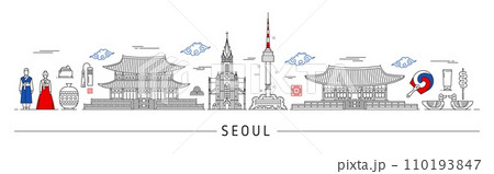 Seoul silhouette, Korean travel landmarks and city skyline in vector line. South Korea travel and Seoul panorama buildings, architecture cityscape, people in traditional costumes and Korean landmarks Seoul silhouette, Korean travel landmarks and city skyline in vector line. South Korea travel and Seoul panorama buildings, architecture cityscape, people in traditional costumes and Korean landmarks 110193847