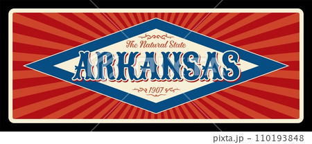 Arkansas state retro plate, US signboard, old road sing, vintage signboard or signpost. The natural state inscription, vintage typography and frame vector. Little Rock capital, Pulaski city Arkansas state retro plate, US signboard, old road sing, vintage signboard or signpost. The natural state inscription, vintage typography and frame vector. Little Rock capital, Pulaski city 110193848