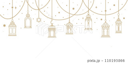 Ramadan karem arabian lantern and lamps border. Mosque old lantern underline, Middle East ancient gas lamp or Turkish antique kerosene hanging on chains lights vector divider, border or spacer Ramadan karem arabian lantern and lamps border. Mosque old lantern underline, Middle East ancient gas lamp or Turkish antique kerosene hanging on chains lights vector divider, border or spacer 110193866