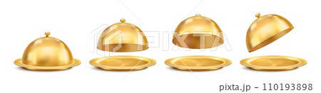 Golden dish tray. Luxury restaurant golden dishware, cooking equipment, and cafe waiter 3d realistic bronze or gold metal dome platters or dish trays mockups with closed and open lid 110193898
